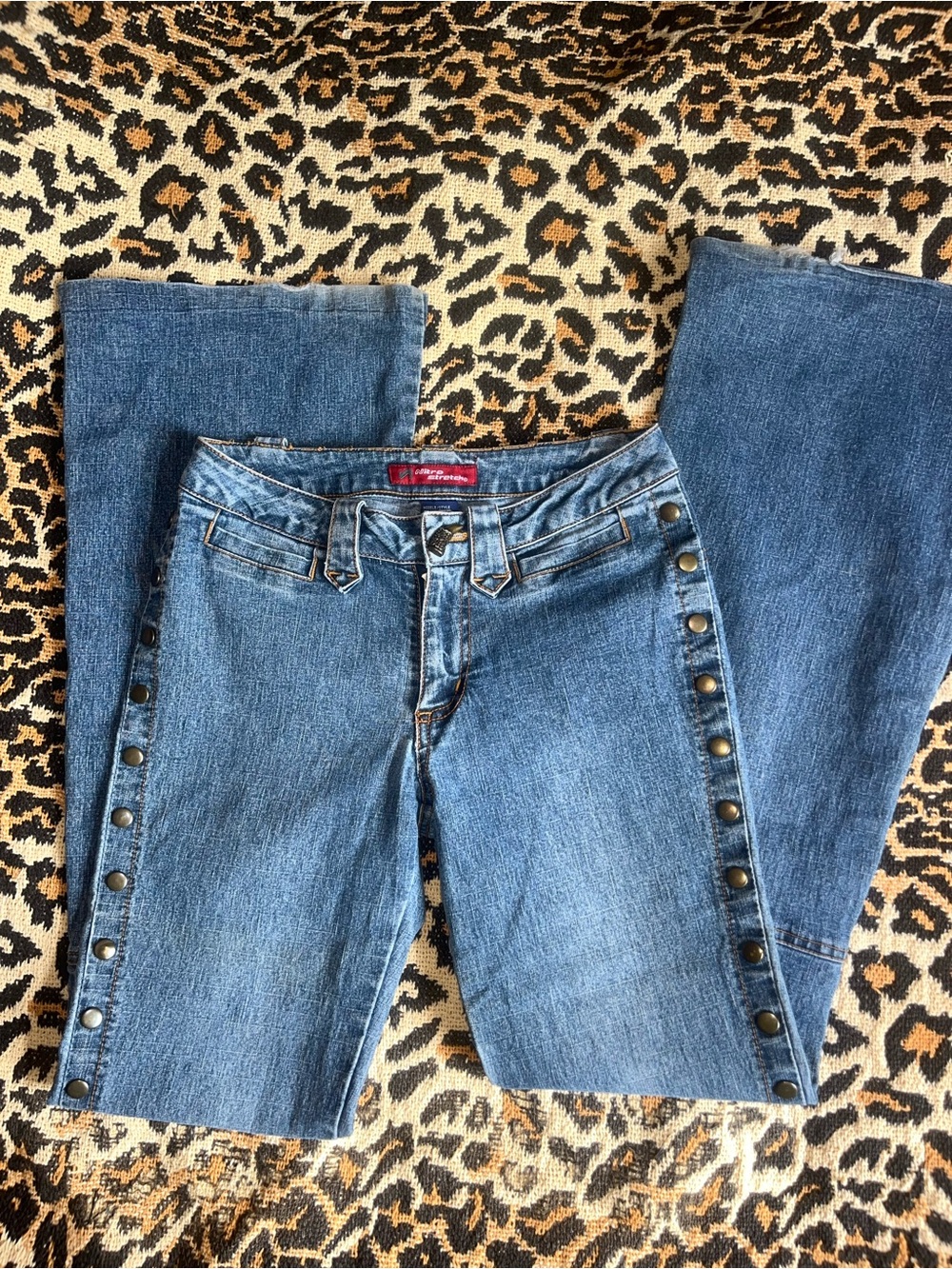 Y2k studded western style Blue Denim Boot Cut Jeans with Side Snap Detail